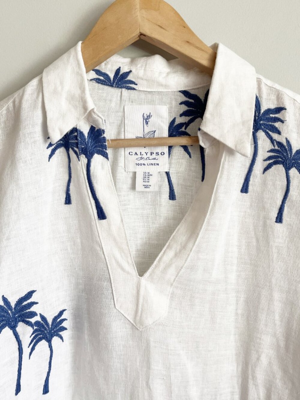 Calypso St Barth Top Size Medium Printed Palm Tree Linen White Tropical Coastal - Picture 2 of 9